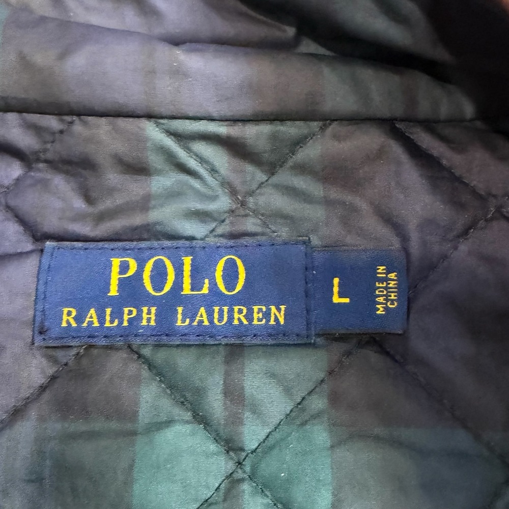 Polo Ralph Lauren Quilted‎ Jacket Womens L Navy Green Plaid Leather Trim - Picture 8 of 11